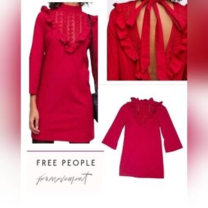 Free People Lorna Red Crochet Mini Dress XS Open Back Ruffle Flare Sleeve